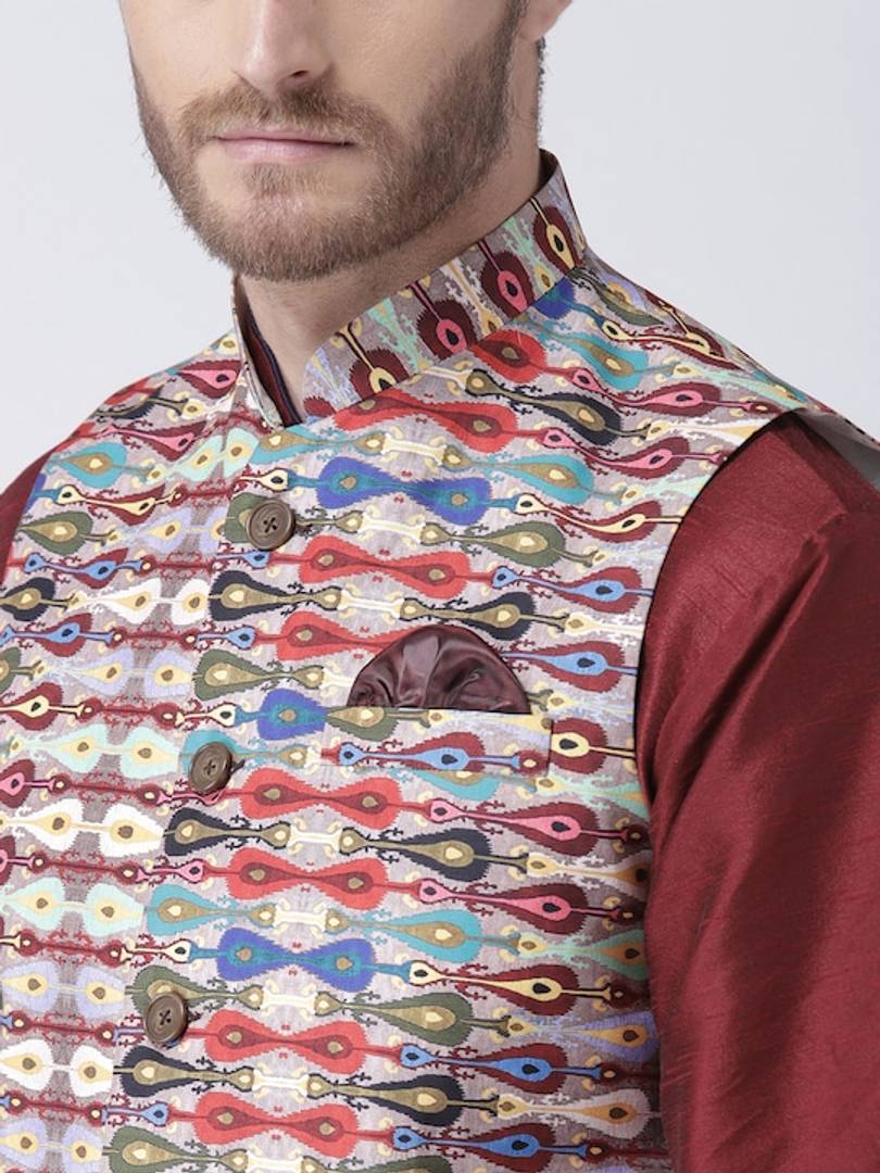 Men's Multicoloured 
Polyester
 Printed Nehru Jackets